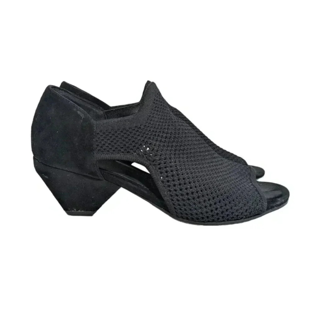 Eileen Fisher Wink Black Knit Open Toe Heels Size 6.5 Stretch Mesh Black Suede - Picture 1 of 9